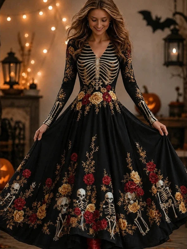 Floral Skull Print Long Sleeve Maxi Dress
