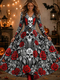 Skull & Rose Print Gothic Maxi Dress