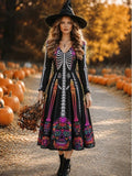 Colorful Skeleton Print Witch Maxi Dress