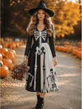 Black & White Skeleton Print Witch Maxi Dress