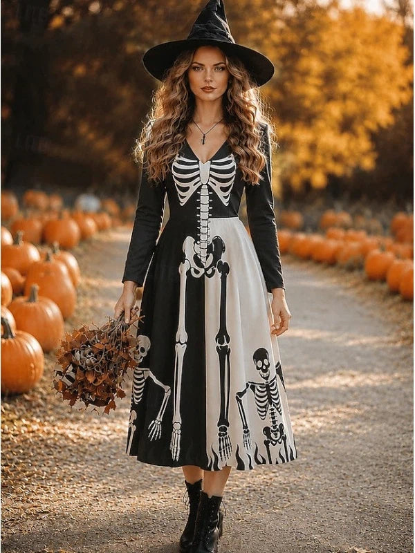 Black & White Skeleton Print Witch Maxi Dress