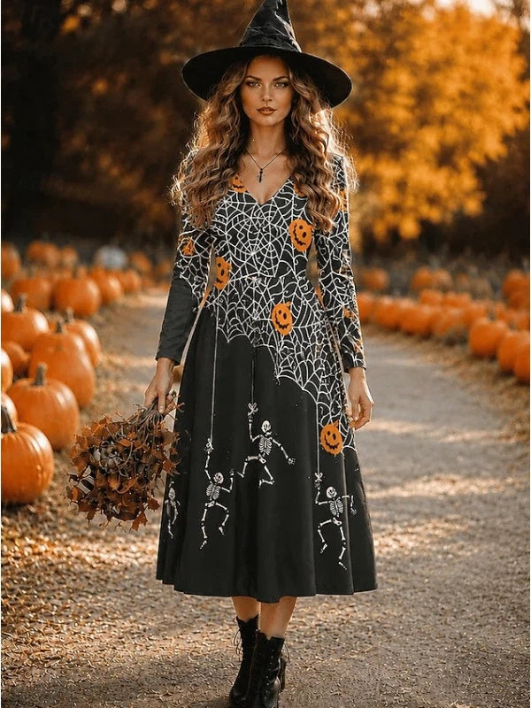 Spiderweb & Skull Print Gothic Maxi Dress