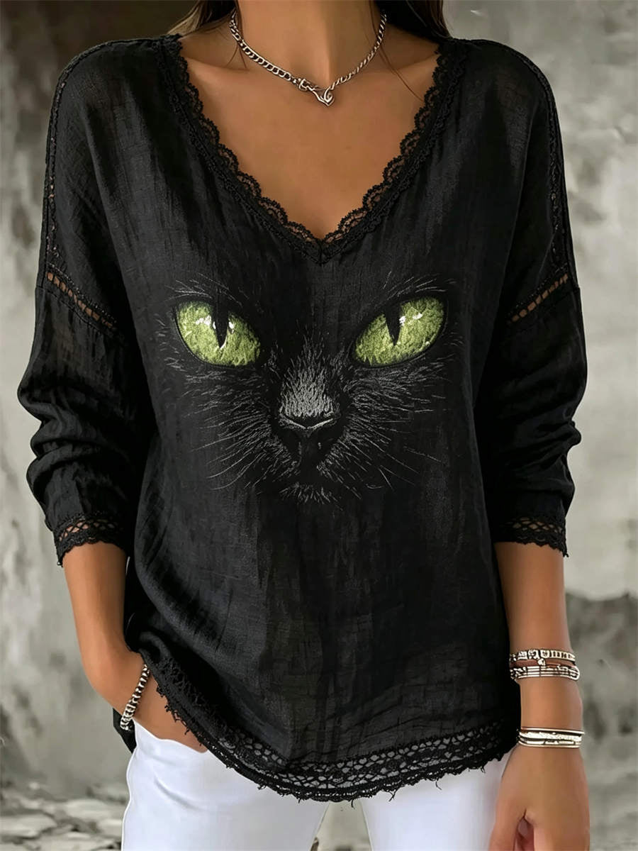 Women's Halloween Black Cat Face Print Lace V Neck Long Sleeve Blouse