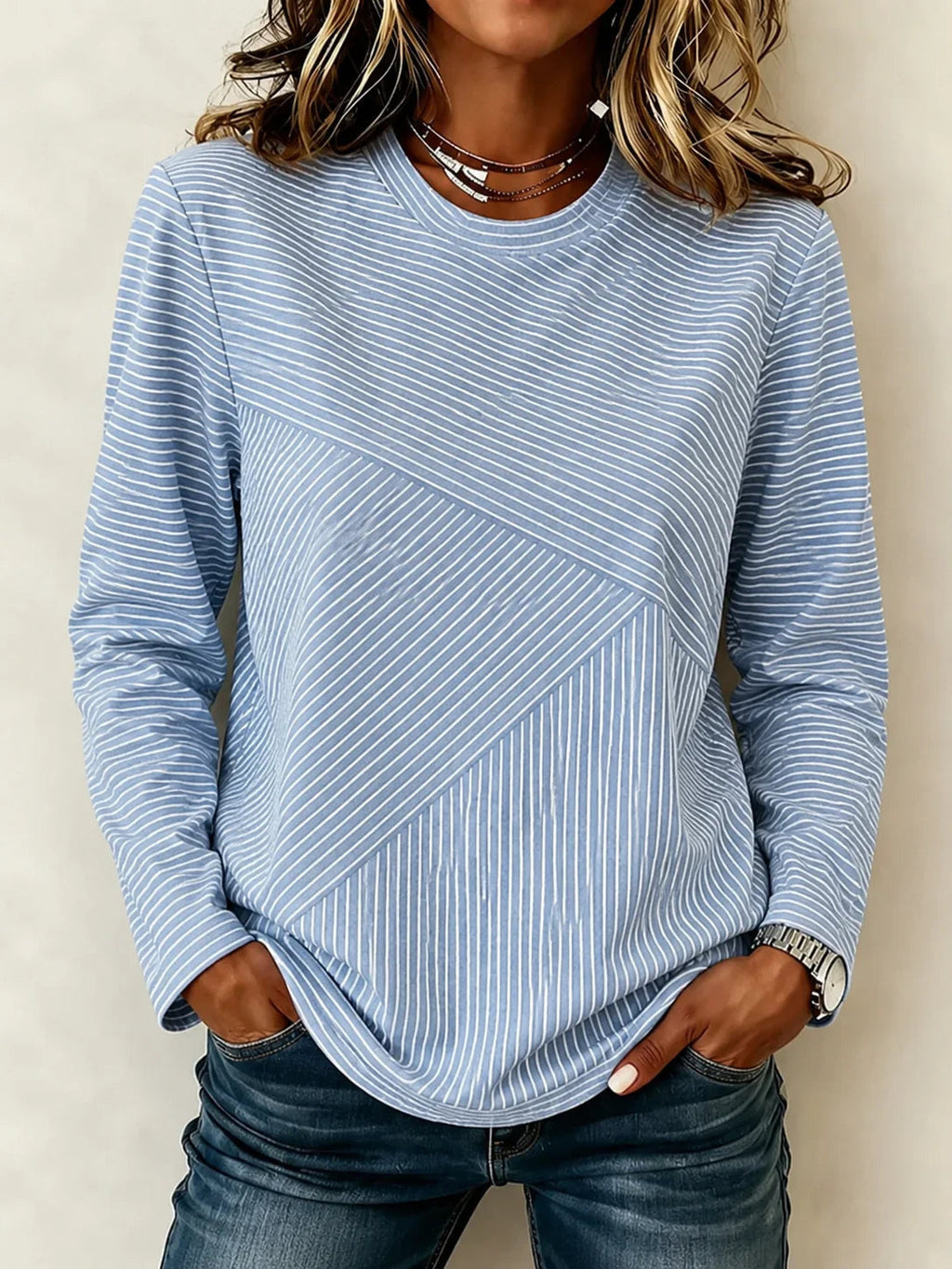 Blue Mixed Diagonal Striped Crew Neck Long Sleeve Casual T-Shirt