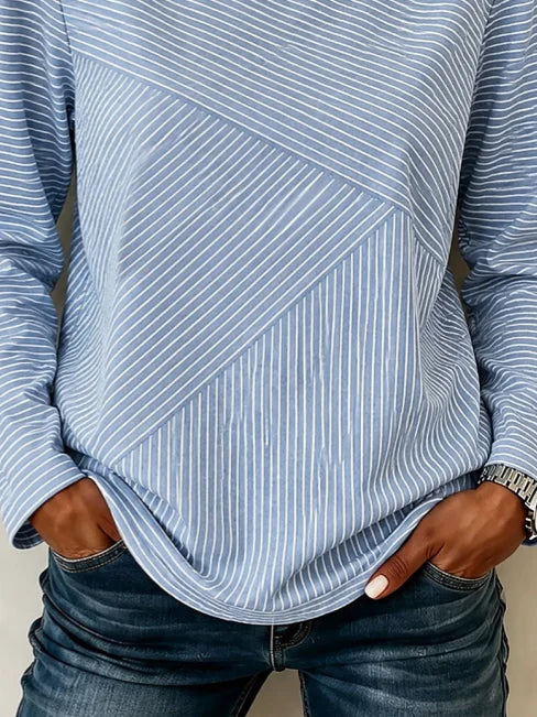 Blue Mixed Diagonal Striped Crew Neck Long Sleeve Casual T-Shirt