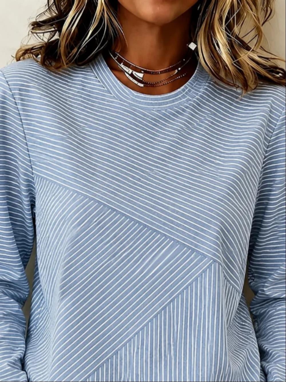 Blue Mixed Diagonal Striped Crew Neck Long Sleeve Casual T-Shirt