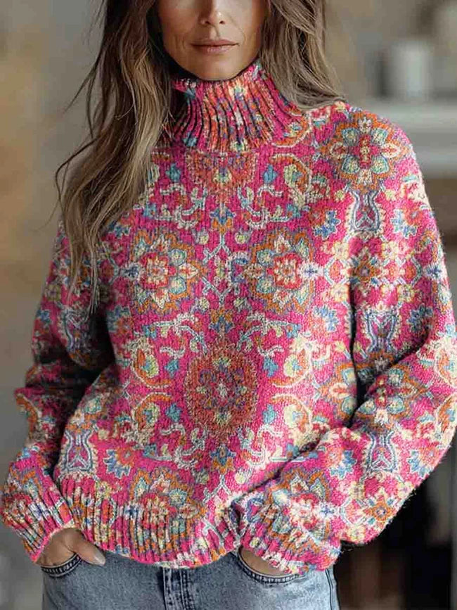 Women's Retro Ethnic Art Flowers Print Knit Turtleneck Pullover Sweater RM152