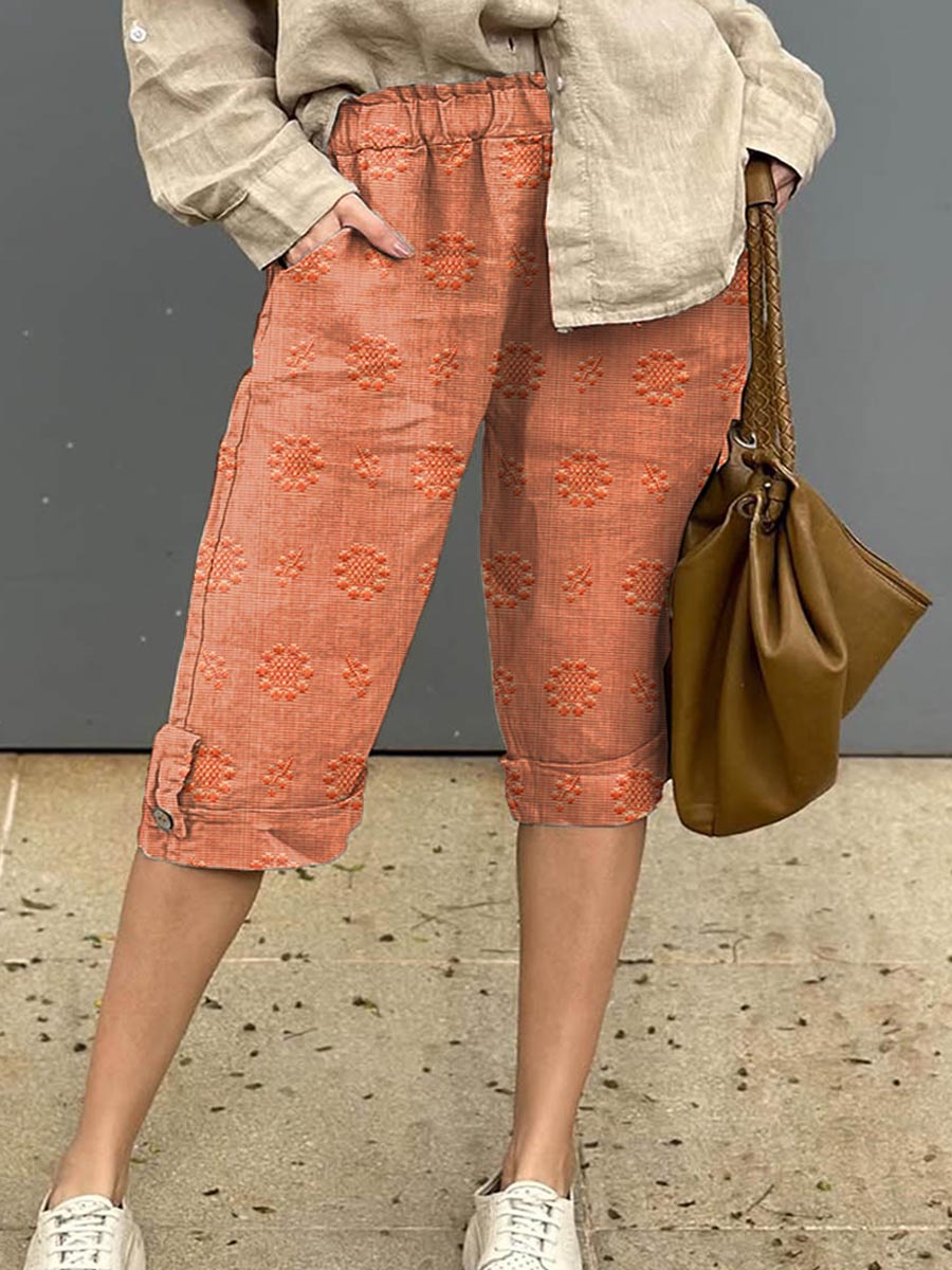 Women's Vintage Floral Pattern Art Printed Cotton And Linen Casual Pants