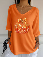 Women's Sequined Pumpkin Print Casual V-Neck 3/4 Sleeve Top