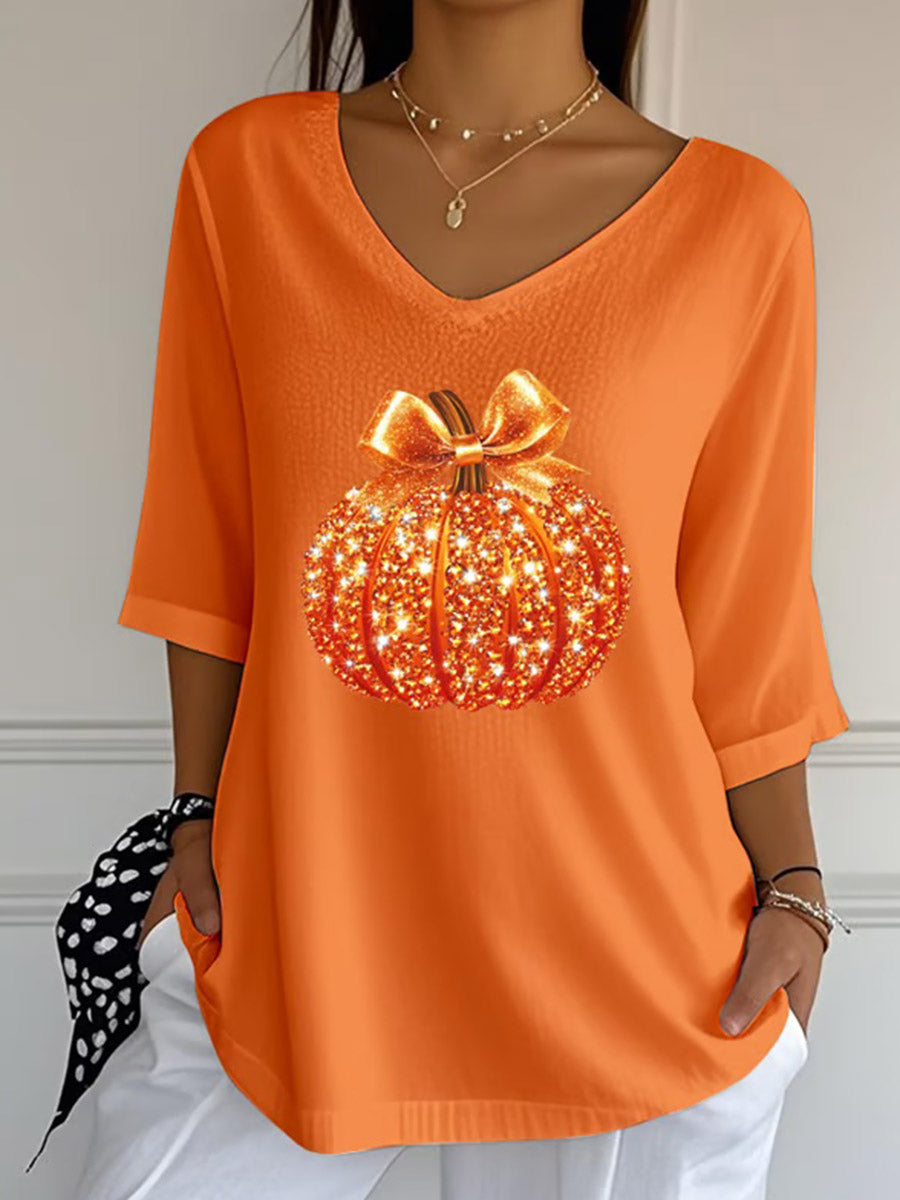 Women's Sequined Pumpkin Print Casual V-Neck 3/4 Sleeve Top