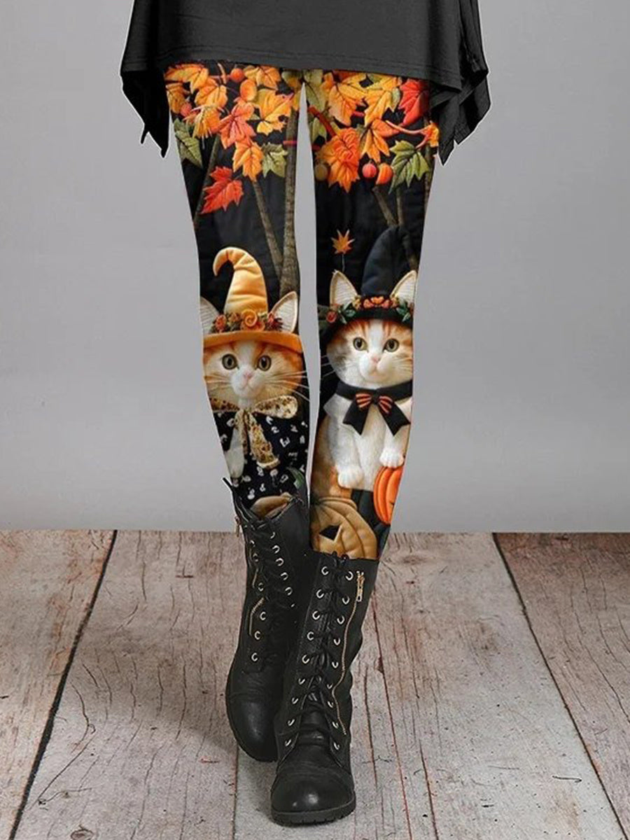 Halloween Casual Cute Cat Print Long Leggings