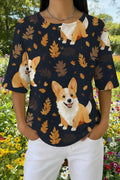 Womens Black Autumn Leaf Corgi Print Casual Shirt