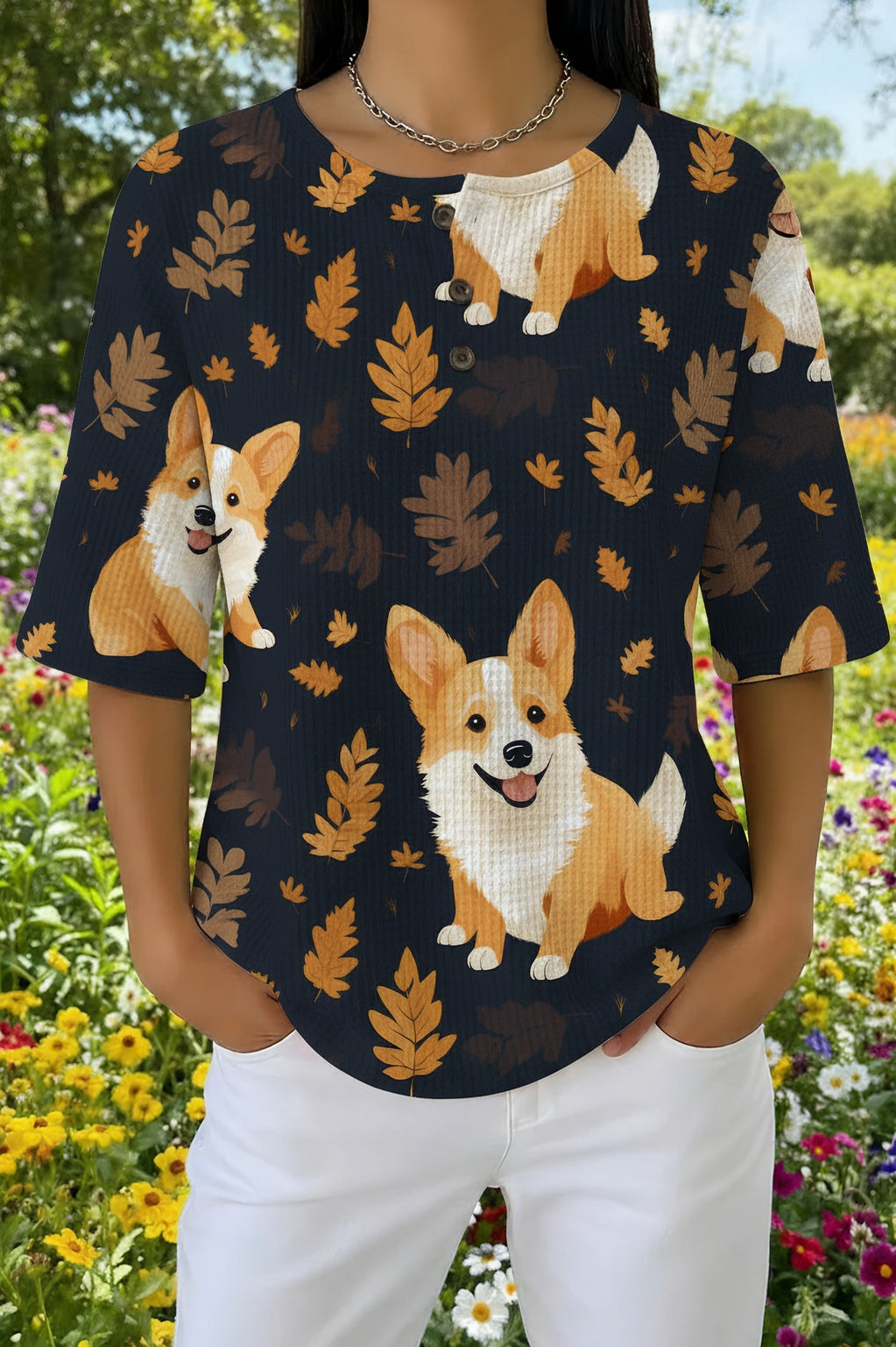 Womens Black Autumn Leaf Corgi Print Casual Shirt