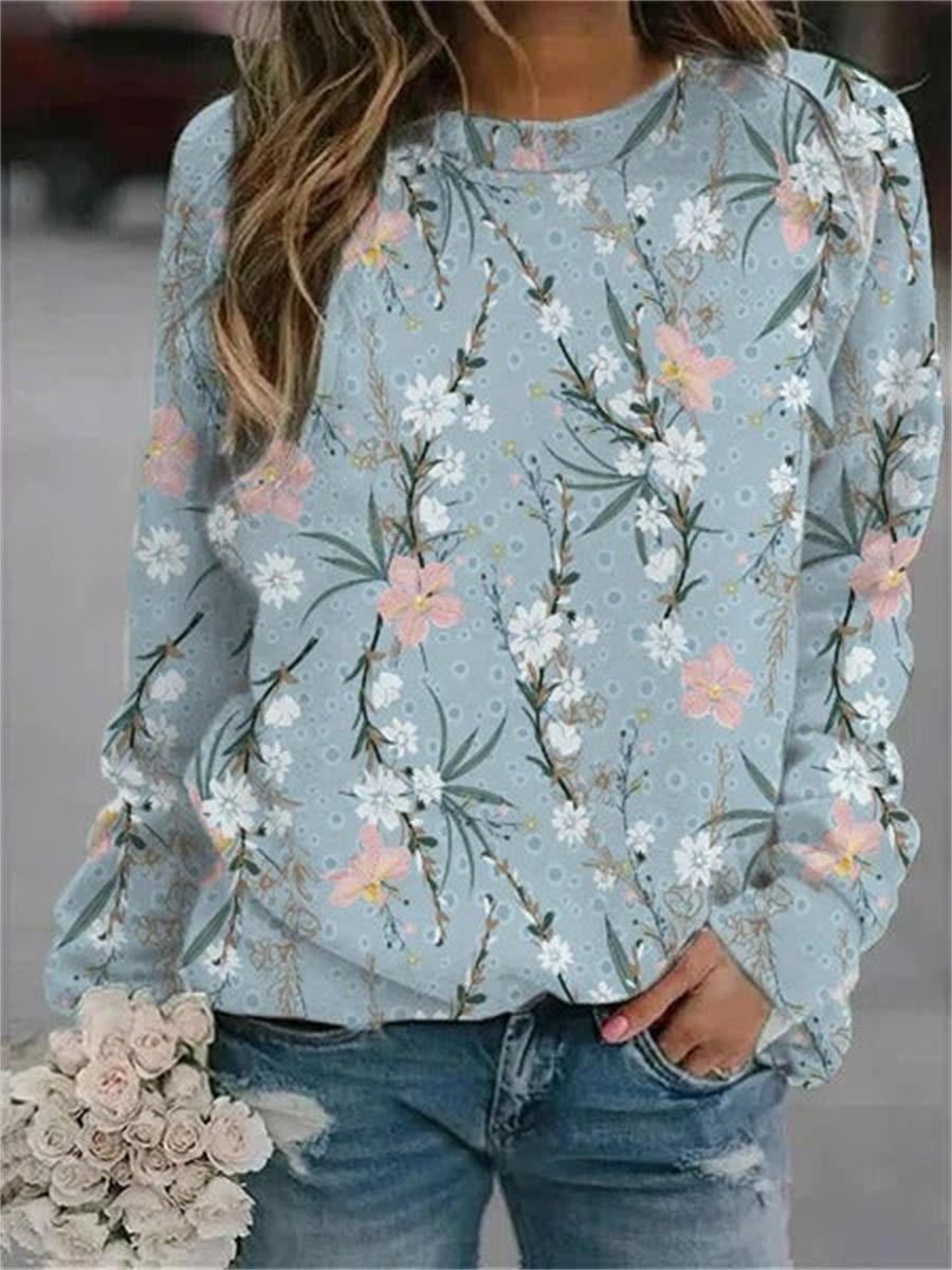 Blue  Casual Graphic Tops Round Neck Floral Printed Long Sleeve Sweatshirt