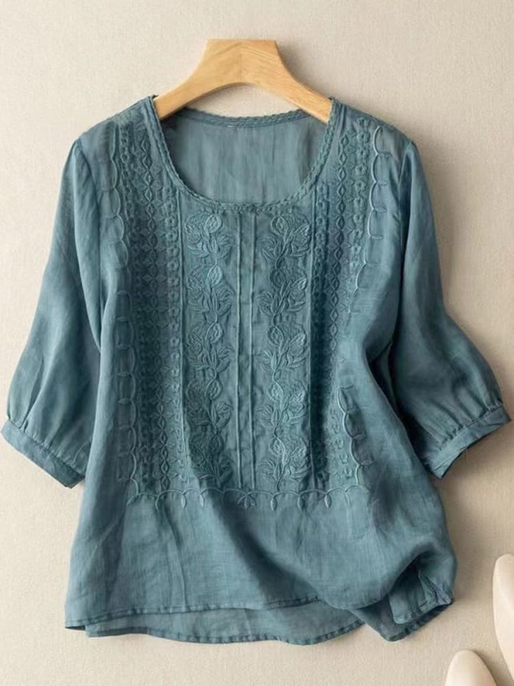 Women's Mid Sleeve Cotton And Linen Embroidery Blouse RB153