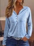 Casual V-neck Buttons Long Sleeve Plain T-shirt