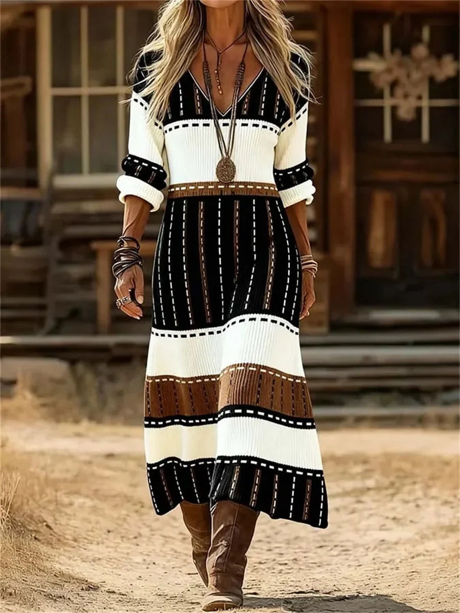 Women's Casual Printed V-neck Long Sleeve Dress