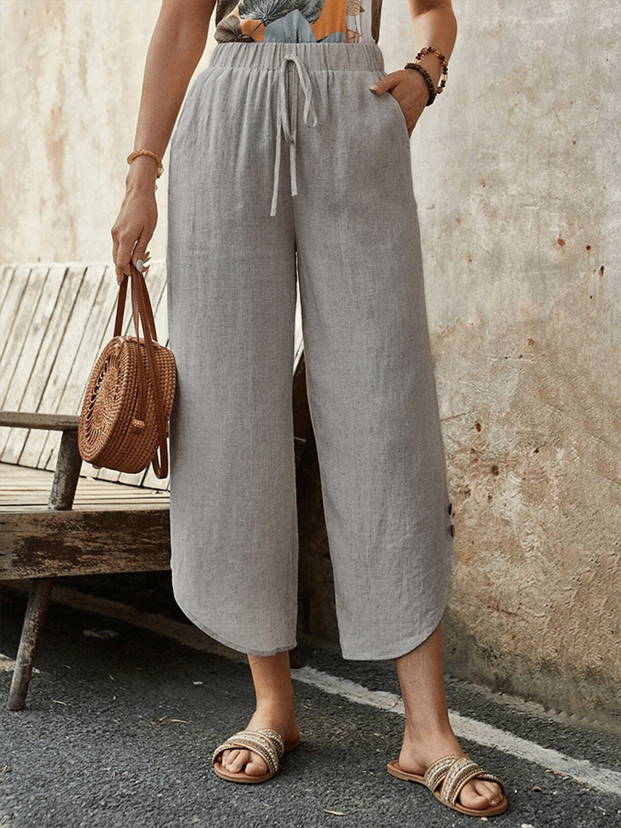 Women's Cotton And Linen Drawstring Nine-Quarter Casual Pants