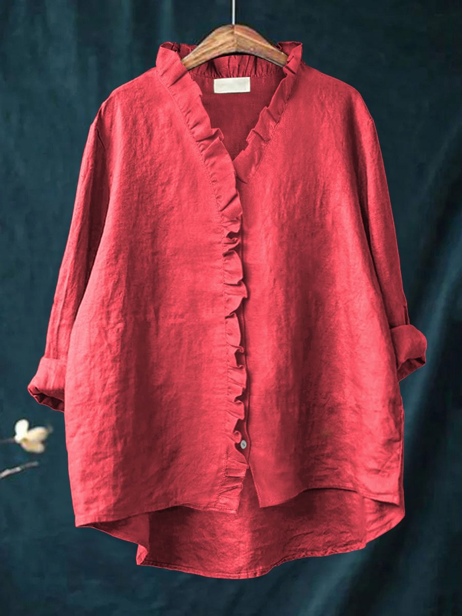 Women's Casual Cotton And Linen Ruffle Shirt RB146