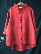 Women's Casual Cotton And Linen Ruffle Shirt RB146