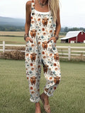 Sale Women's Highland Cow Print Casual Cotton Linen Wide Leg Jumpsuit RJ014