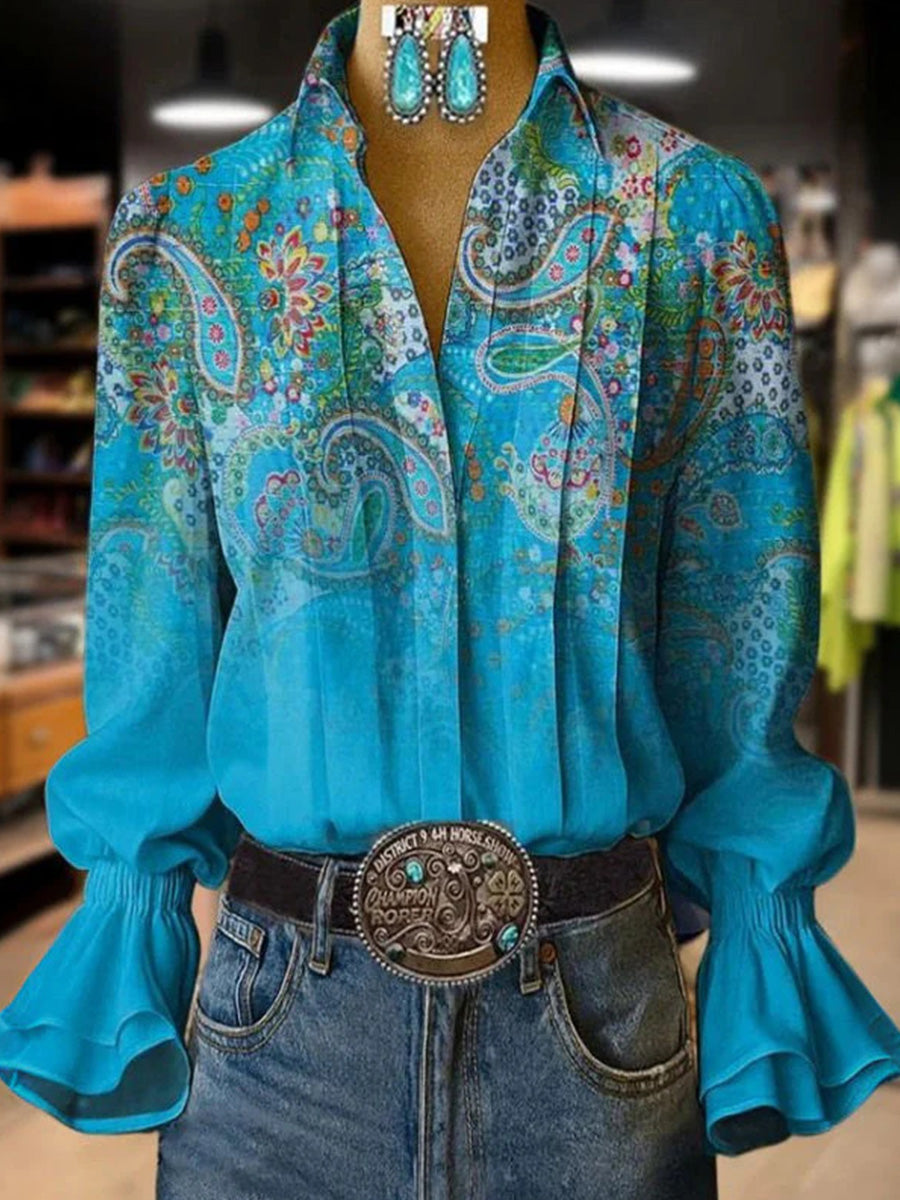 Vintage Ethnic Print Long Sleeve Blouse