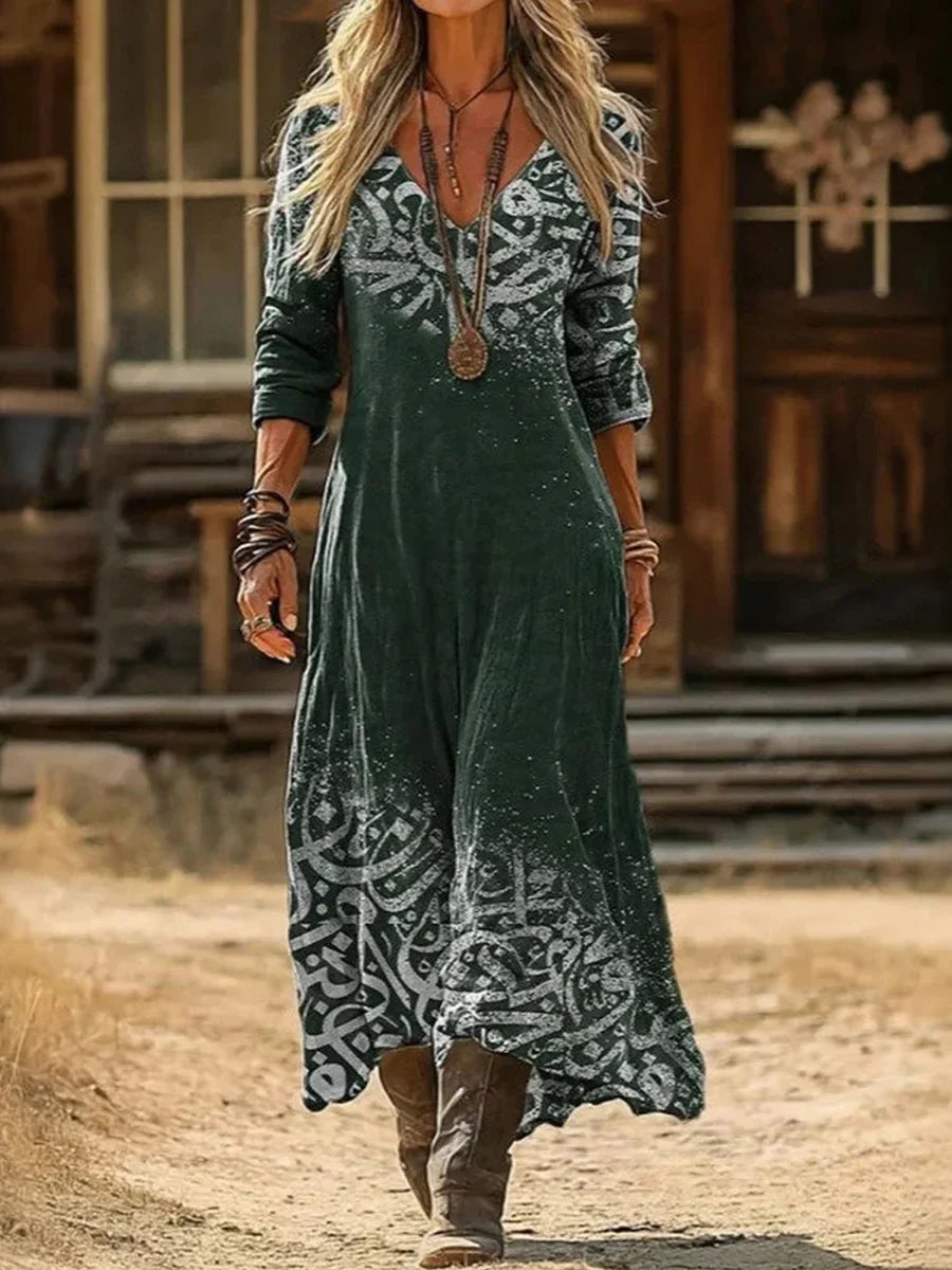 Casual Vintage V-neck Long Sleeve Dress