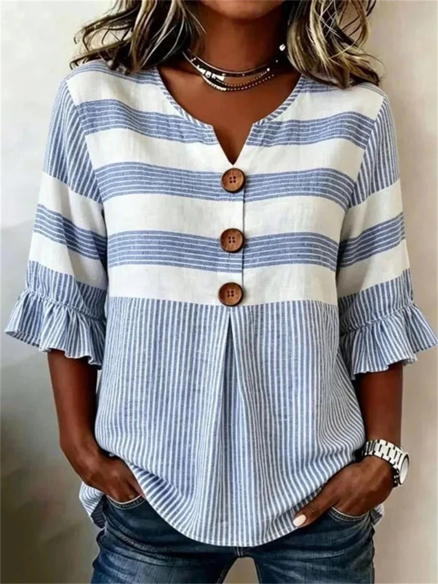 Casual Striped V-neck 3/4 Sleeve Blouse