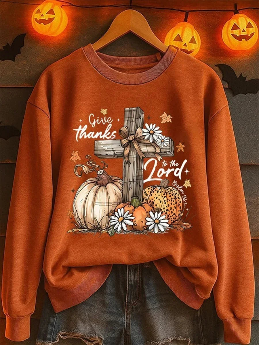 Retro Autumn Pumpkin Print Round Neck Long Sleeve Sweatshirt