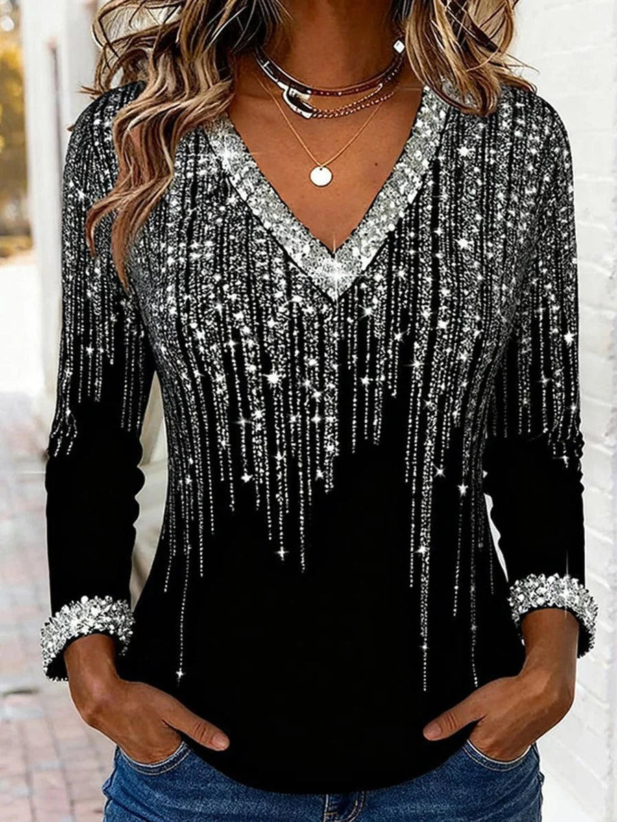 Black Sequin Printed V-Neck Long Sleeve Top