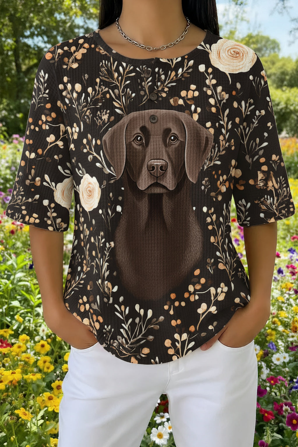 Womens Black Floral Chocolate Lab Print Casual Shirt