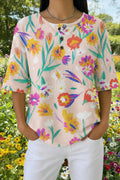 Womens Cream Multi-Color Floral Print Casual Shirt