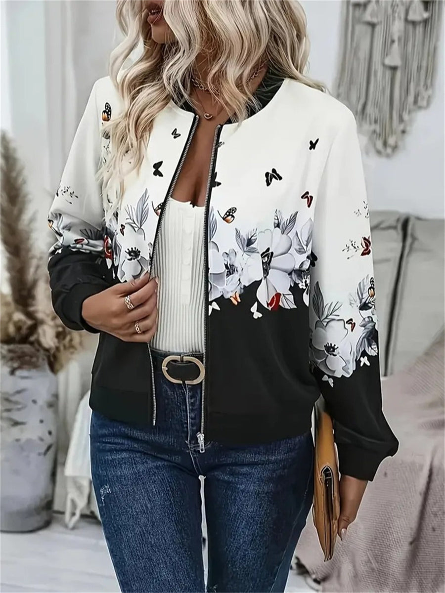 Floral Zipper Regular Loose Jacket