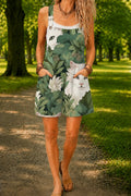 Women’s Green Leaf Cat Print Casual Cotton Wide Leg Romper