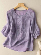 Women's Mid Sleeve Cotton And Linen Embroidery Blouse RB153