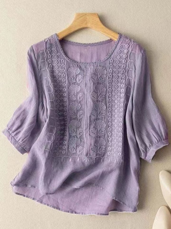 Women's Mid Sleeve Cotton And Linen Embroidery Blouse RB153