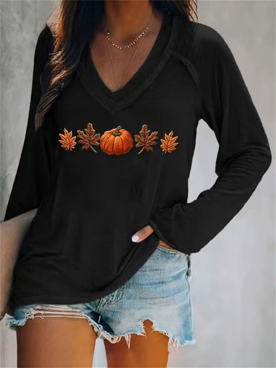 Women's Autumn Maple Leaf Pumpkin Print V-neck Long Sleeve T-Shirt