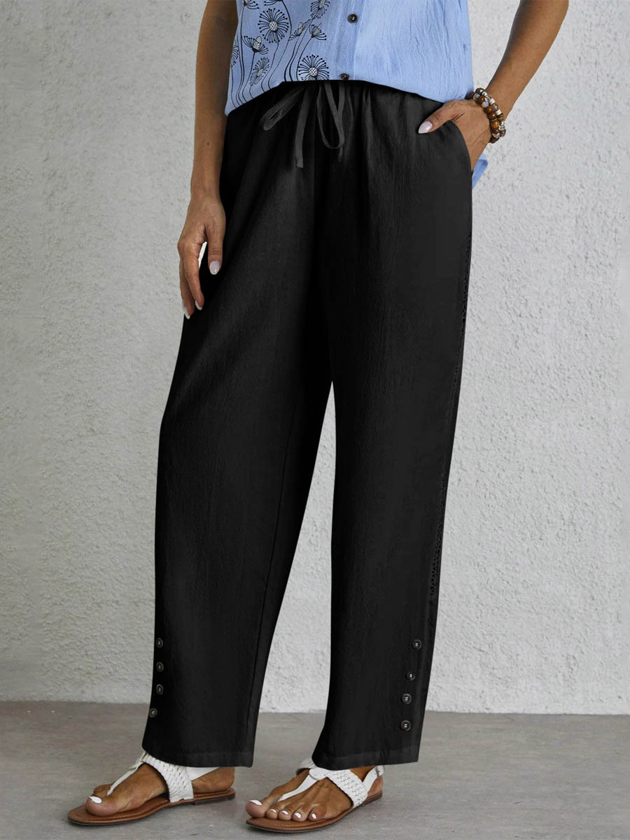 Women's Stylish Drawstring Buttoned Pocket Casual Cotton And Linen Pants
