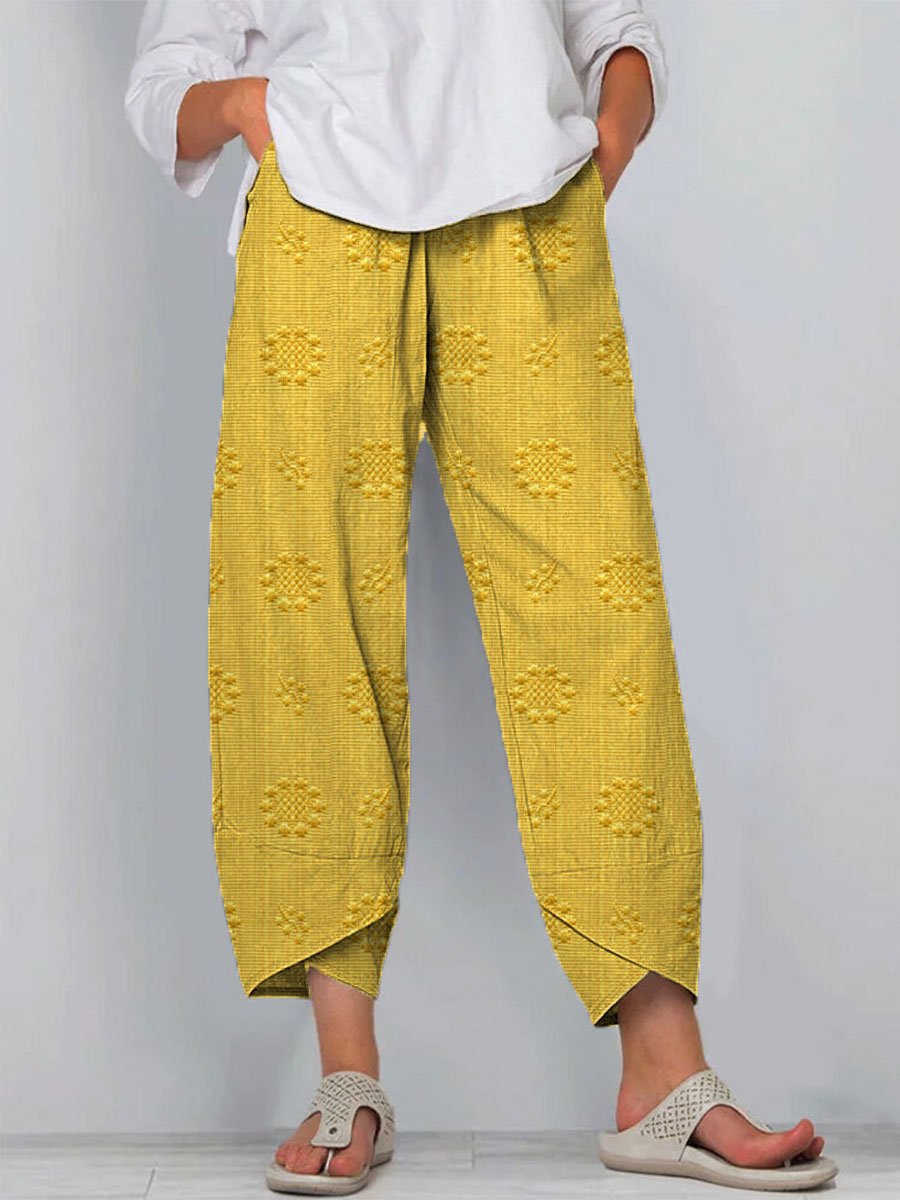 Women's Vintage Floral Art Printed Cotton And Linen Casual Pants