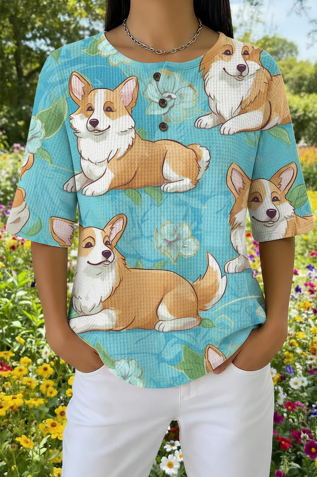Womens Blue All-Over Corgi Print Casual Henley Shirt