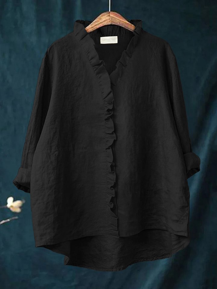 Women's Casual Cotton And Linen Ruffle Shirt RB146
