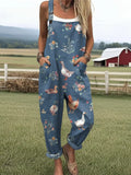 Women's Farm Animal Print Casual Cotton Linen Wide Leg Jumpsuit RJ026