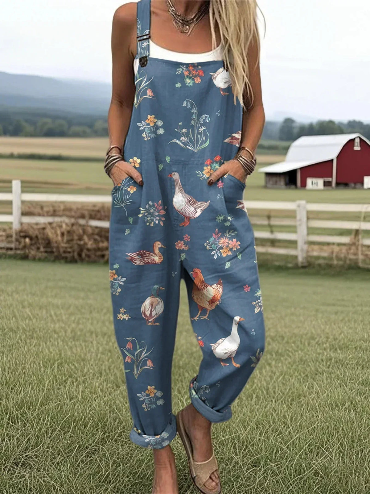 Women's Farm Animal Print Casual Cotton Linen Wide Leg Jumpsuit RJ026