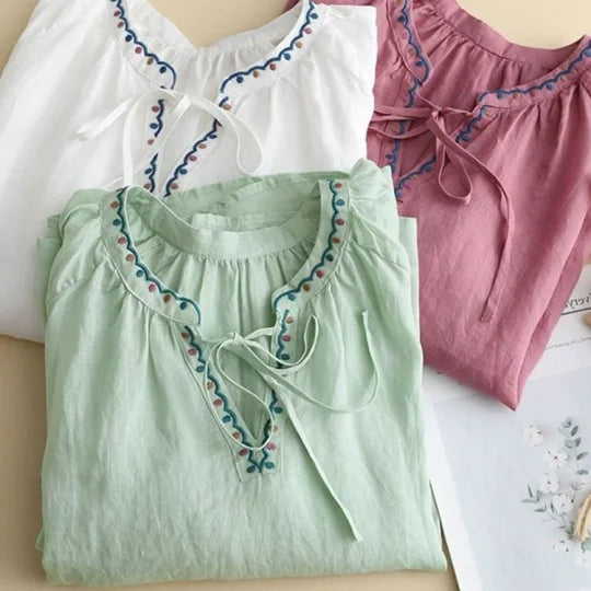 Women's Solid Embroidered V-Neck Tie-Up 3/4 Sleeves Casual Linen Top