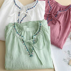 Women's Solid Embroidered V-Neck Tie-Up 3/4 Sleeves Casual Linen Top
