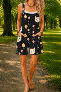 Women’s Black Small Cat Print Casual Cotton Wide Leg Romper