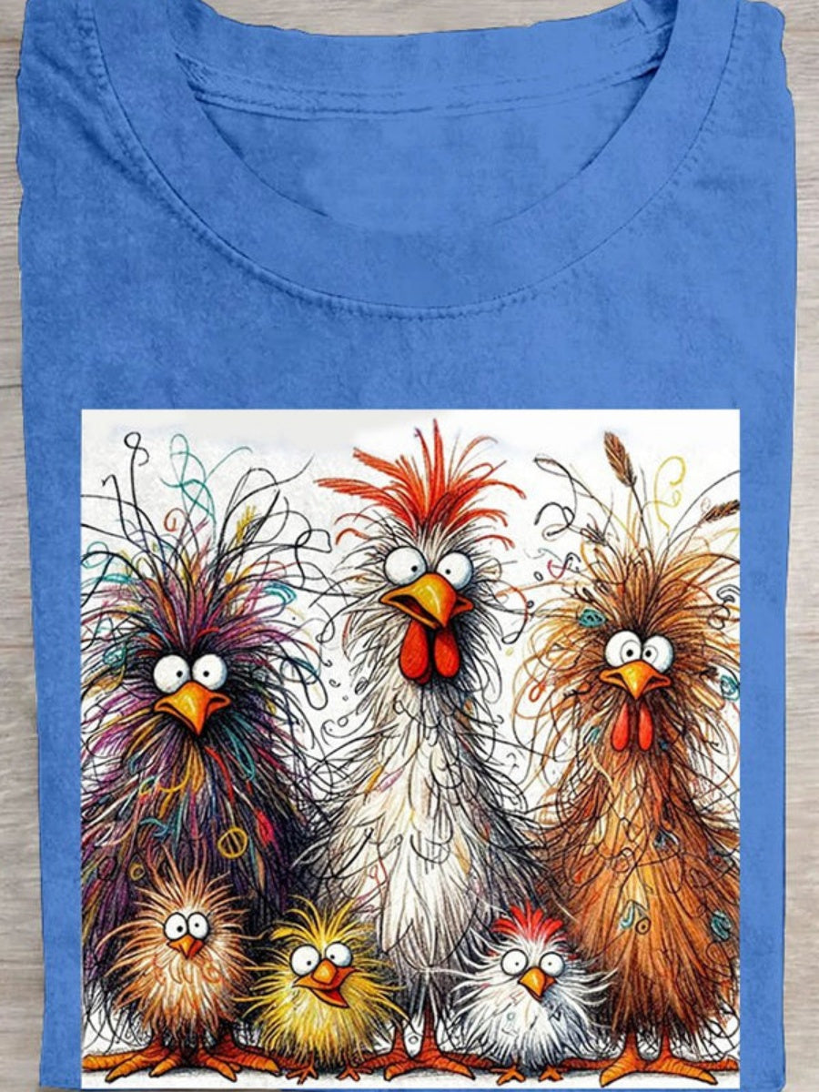 Fashion Casual Cute Chicken Animal Pattern Crew Neck Short Sleeve Cotton T-Shirt
