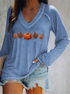 Women's Autumn Maple Leaf Pumpkin Print V-neck Long Sleeve T-Shirt
