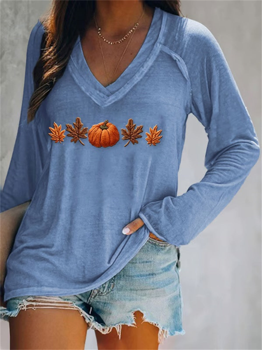 Women's Autumn Maple Leaf Pumpkin Print V-neck Long Sleeve T-Shirt