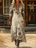 Vintage Floral Print V-neck Long Sleeve Dress